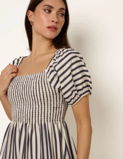 Square Neck Puff Sleeve Stripe Midi Dress