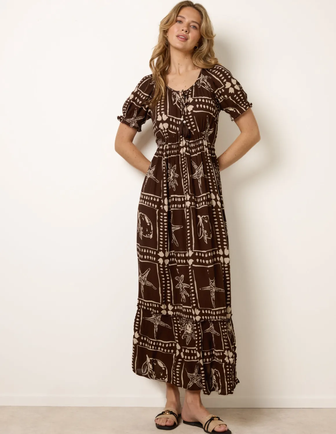 Starfish Print Tie Front Maxi Dress
