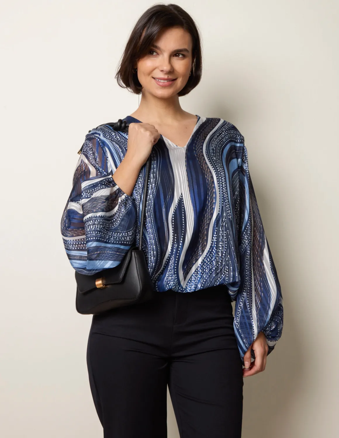 Swirl And Dot Print V Neck Metallic Blouse