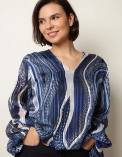 Swirl And Dot Print V Neck Metallic Blouse