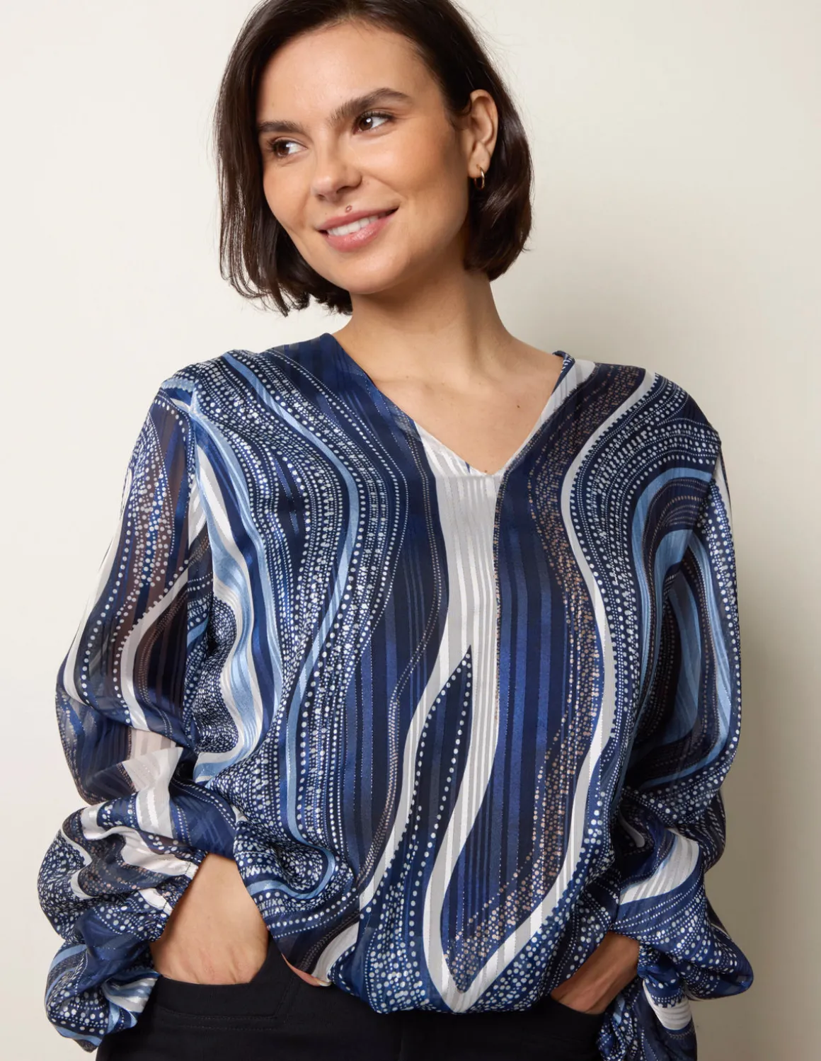 Swirl And Dot Print V Neck Metallic Blouse