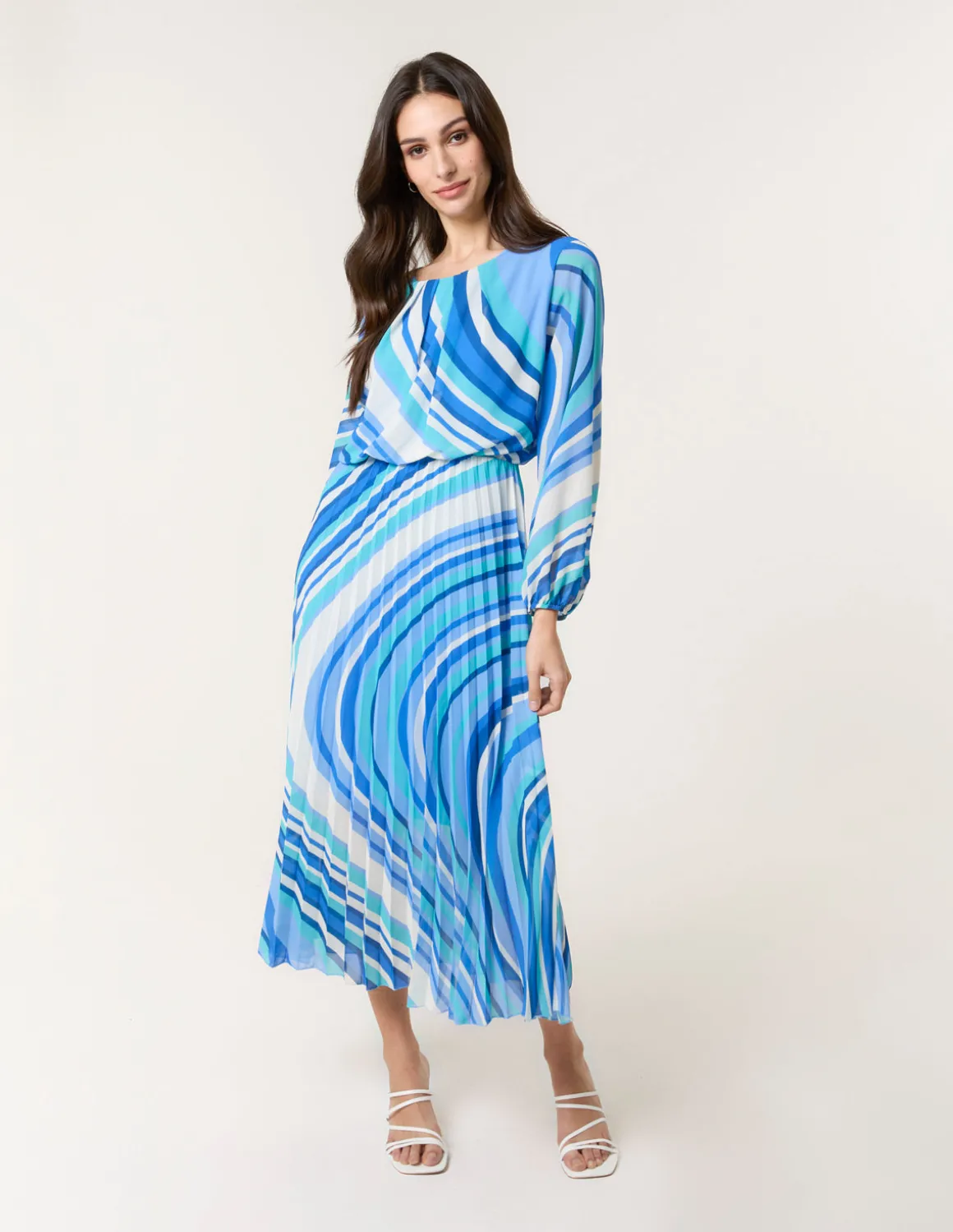 Swirl Print Pleated Round Neck Dress