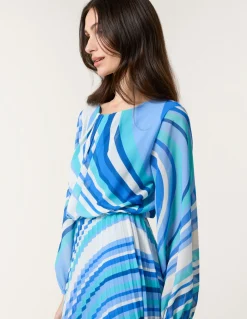 Swirl Print Pleated Round Neck Dress