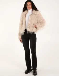 Textured Faux Fur Collar Coat