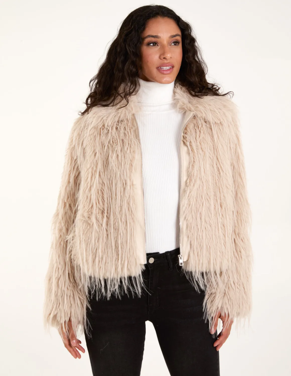 Textured Faux Fur Collar Coat