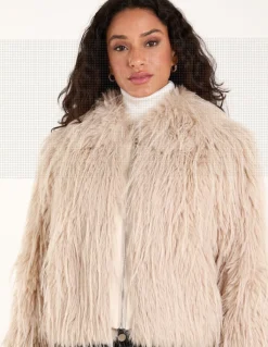 Textured Faux Fur Collar Coat