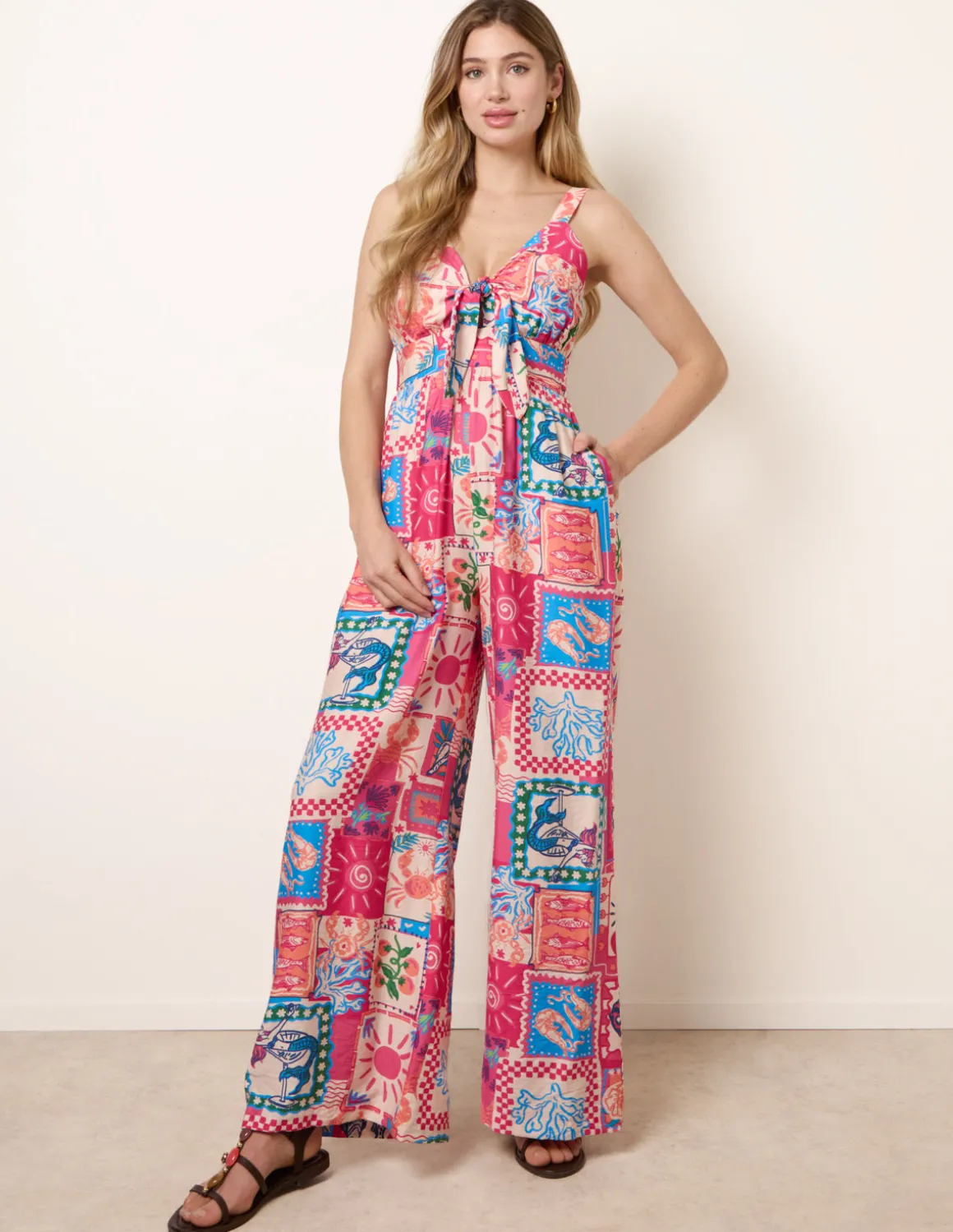Tie Front Jumpsuit In Postcard Print