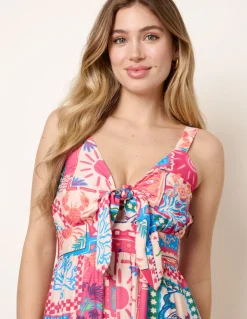 Tie Front Jumpsuit In Postcard Print
