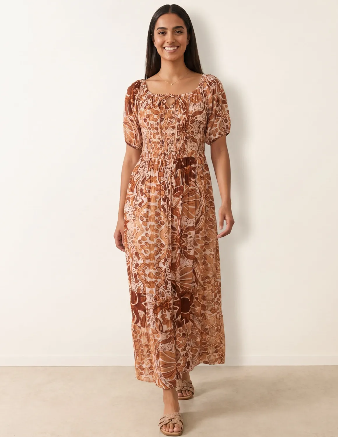 Tie Front Shirred Midi Dress