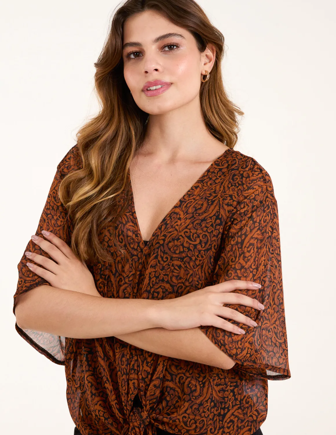 Tie Front V Neck Blouse