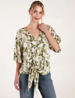 Tie Front Watercolour Butterfly Printed Top