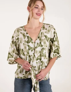 Tie Front Watercolour Butterfly Printed Top
