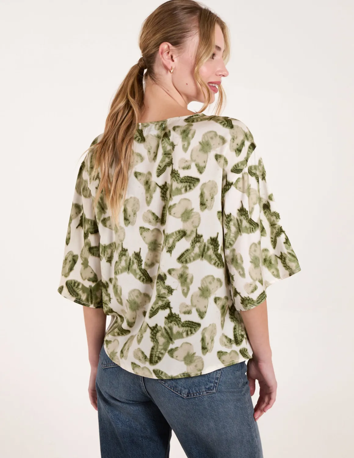 Tie Front Watercolour Butterfly Printed Top
