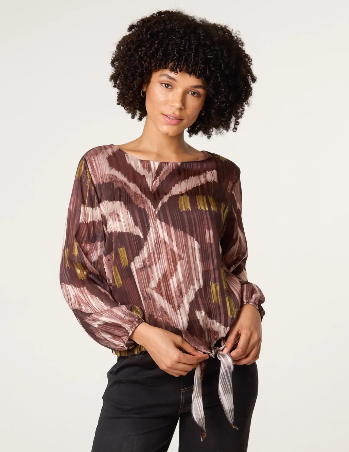 Tie Knot Metallic Chiffon Blouse