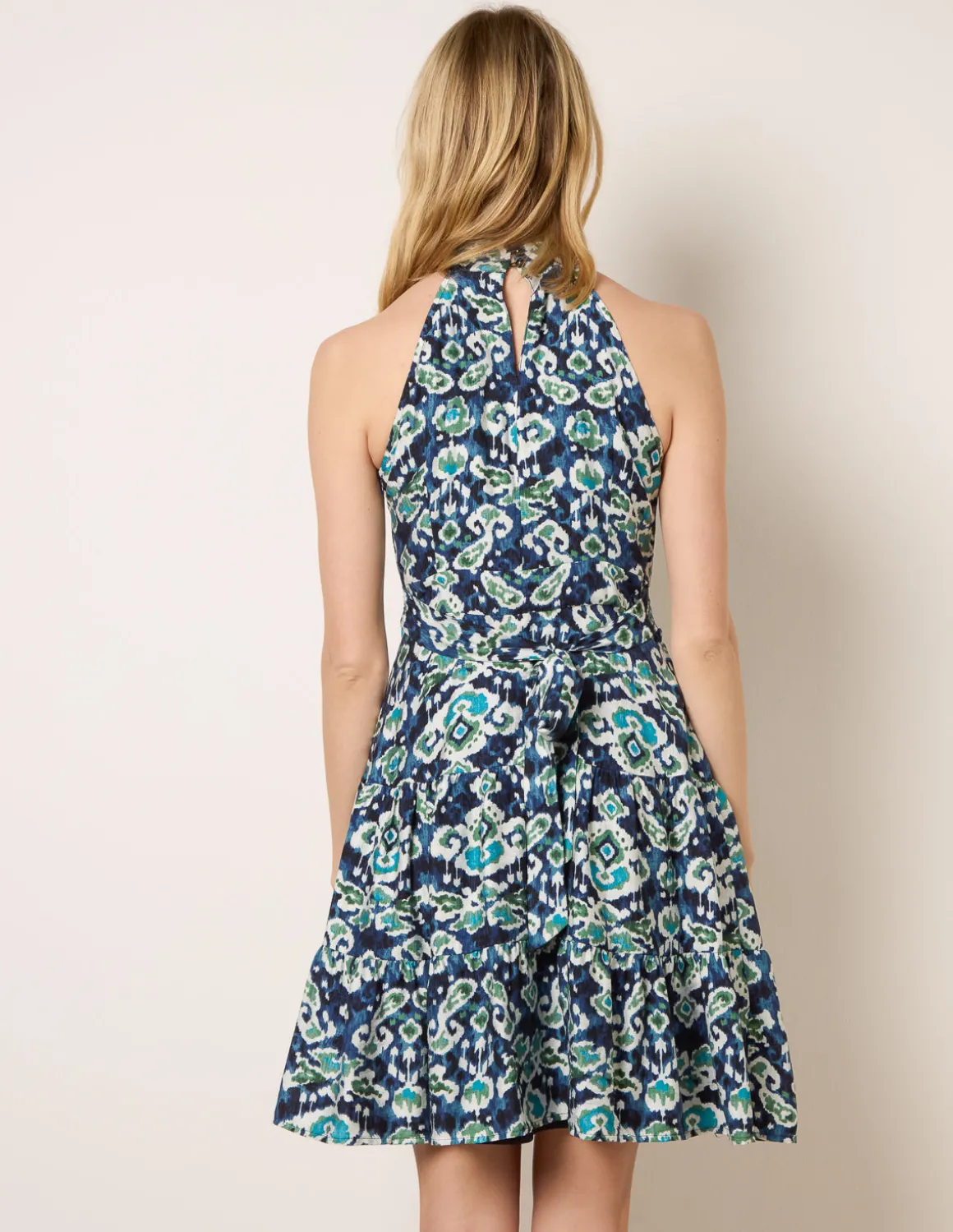 Tiered Halter Neck Aztec Belted Mini Dress