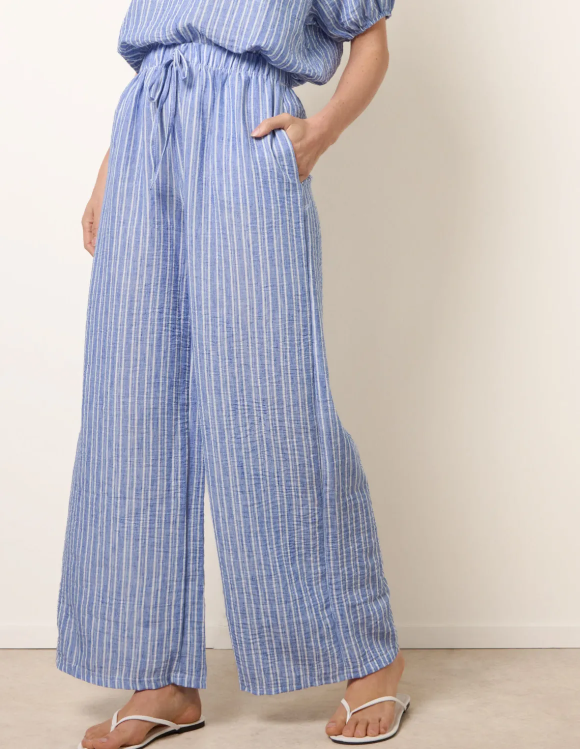 Tie Waist Stripe Wide Leg Trousers