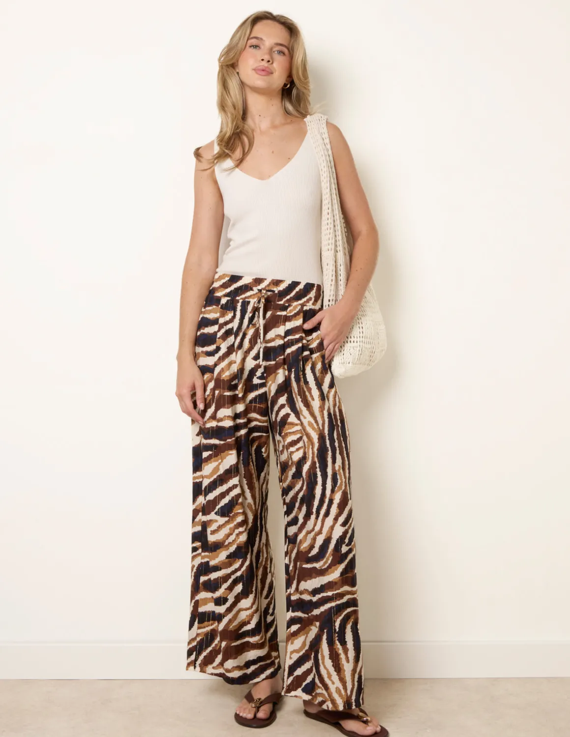 Tiger Print Drawstring Wide Leg Trousers