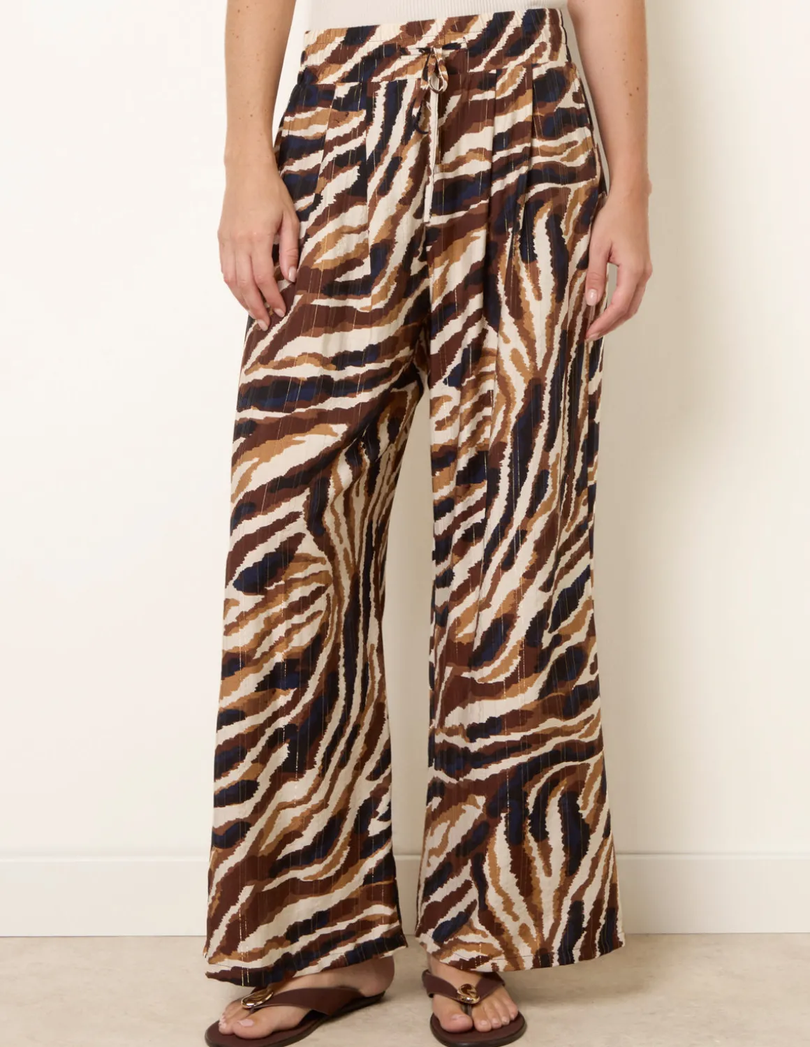Tiger Print Drawstring Wide Leg Trousers