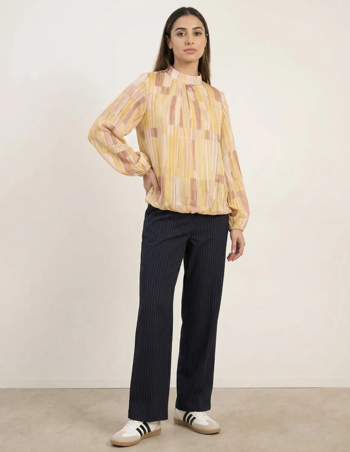 Tile Print Puffball Blouse With Metallic Detail