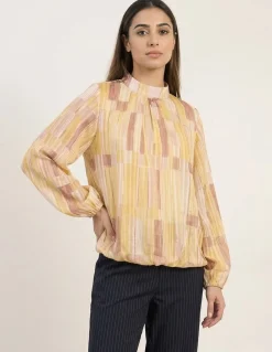 Tile Print Puffball Blouse With Metallic Detail
