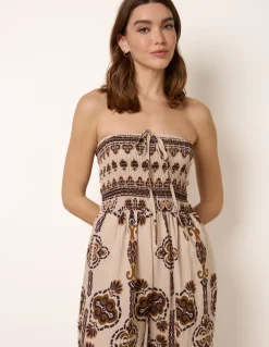 Tribal Print Bardot Tie Neck Jumpsuit