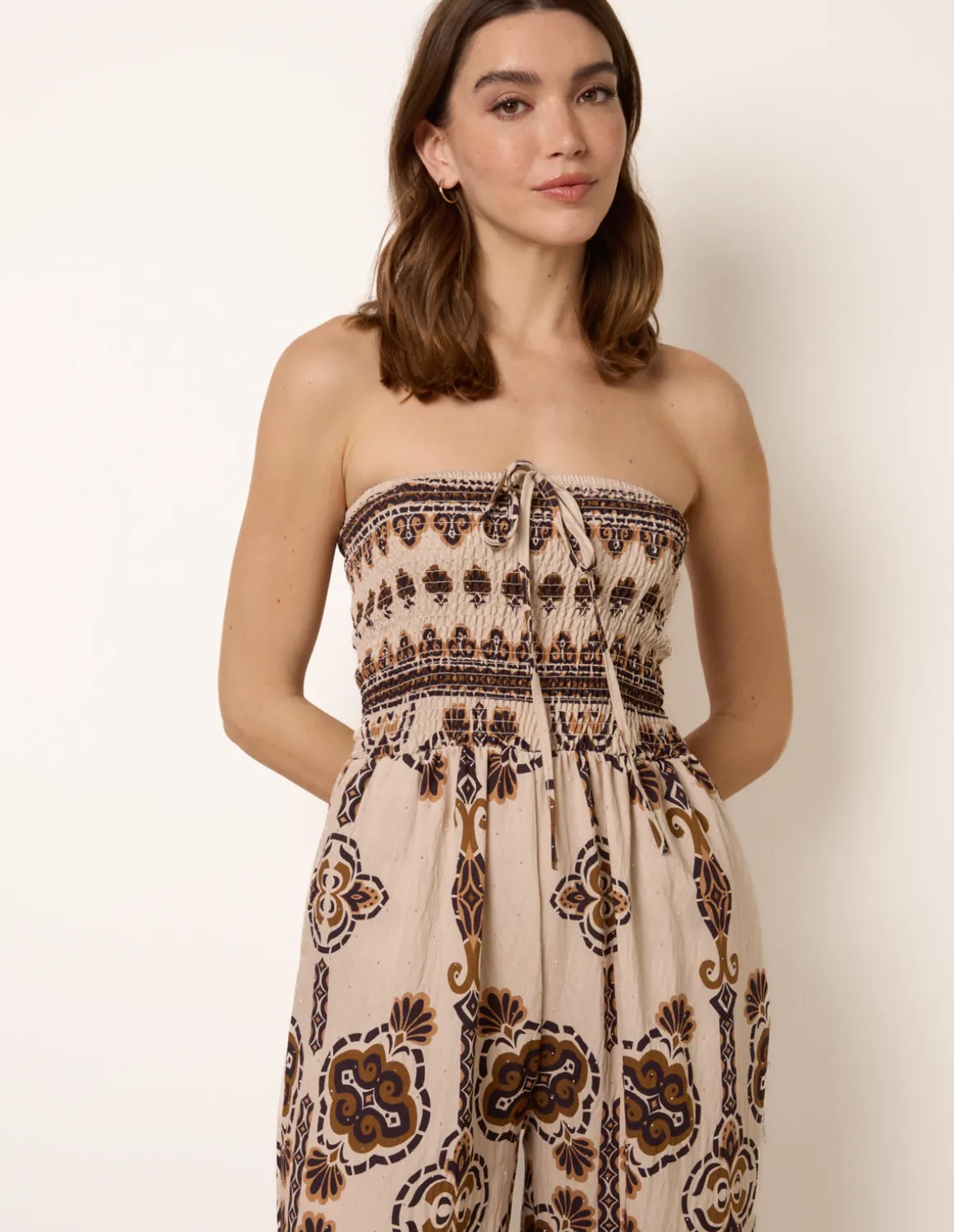 Tribal Print Bardot Tie Neck Jumpsuit