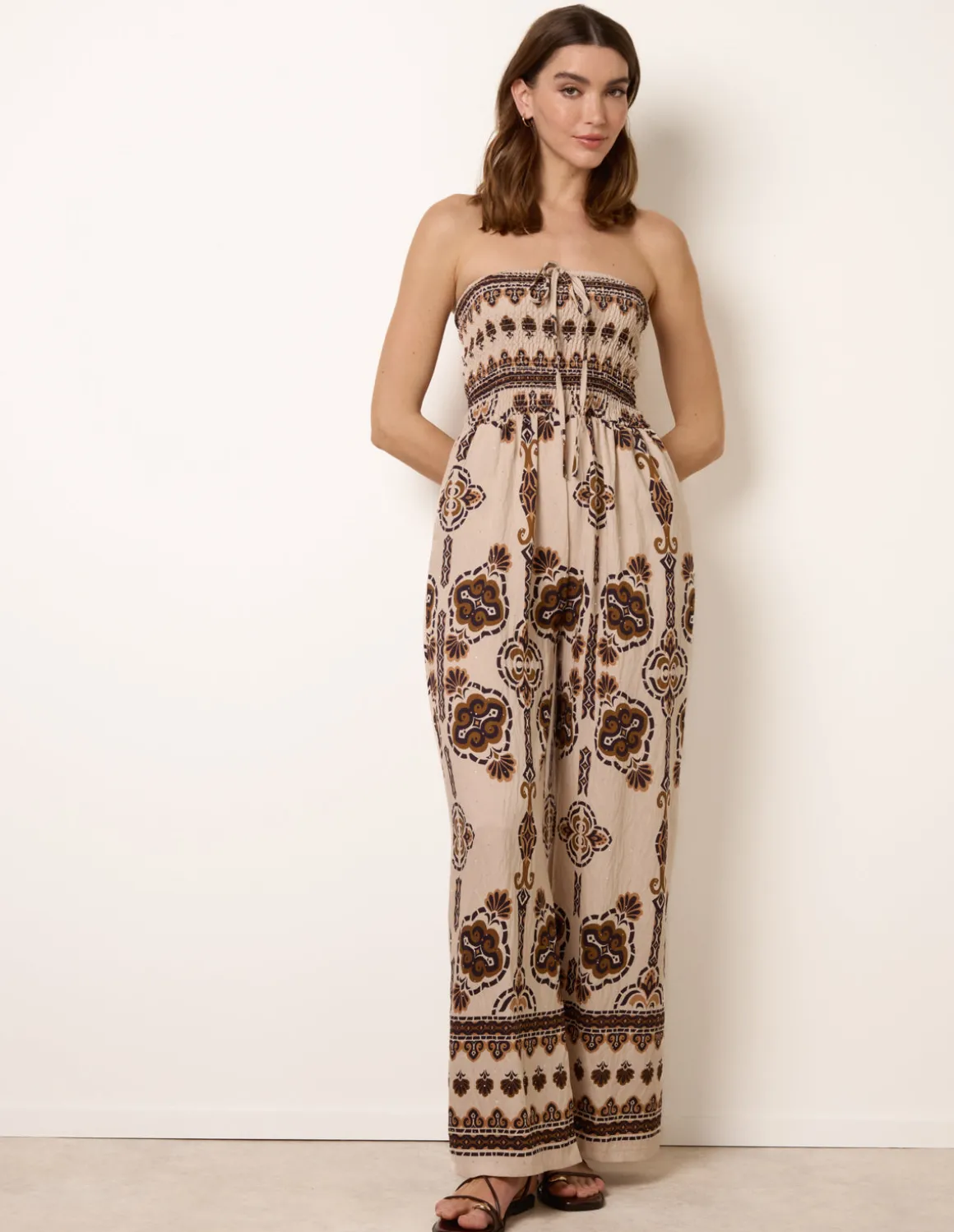 Tribal Print Bardot Tie Neck Jumpsuit
