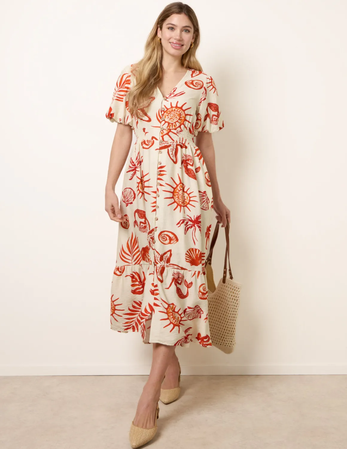 Tropical Button Through Midi Dress