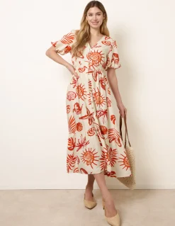Tropical Button Through Midi Dress