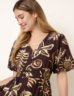 Tropical Button Through Midi Dress