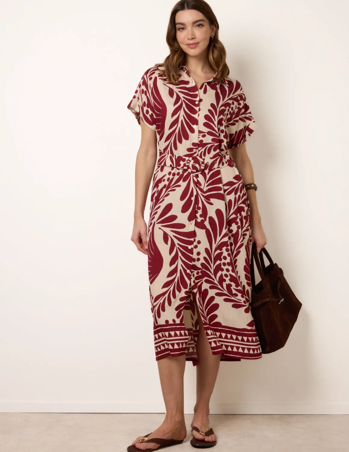 Tropical Leaf Print Belted Shirt Dress