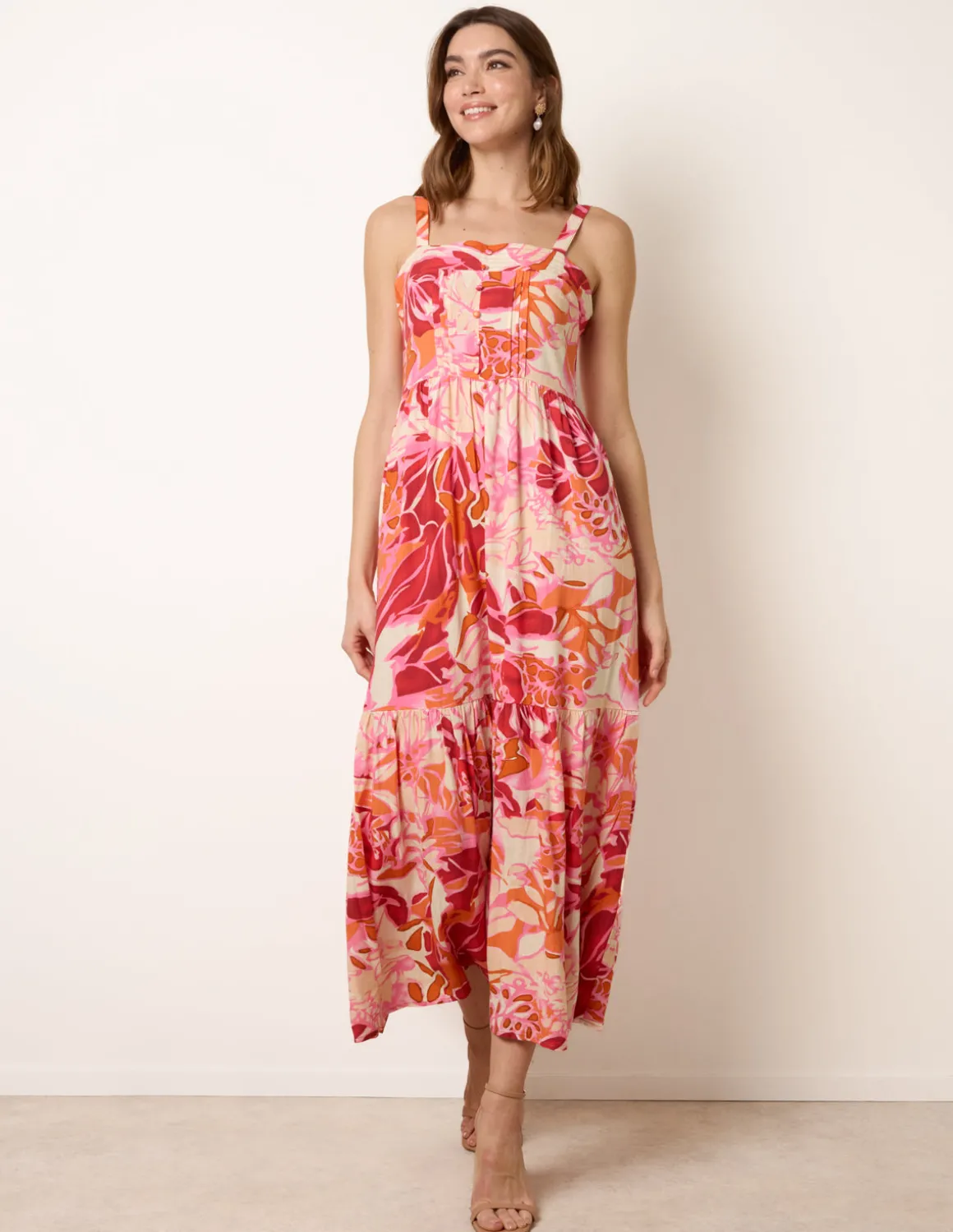 Tropical Print Adjustable Strap Maxi Dress
