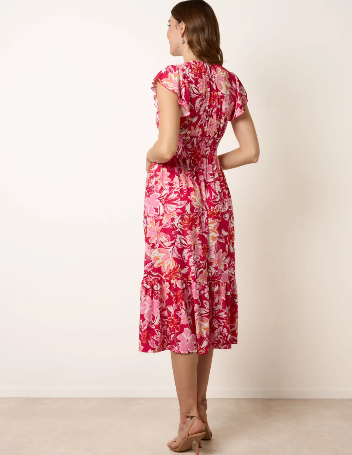Tropical Print Flutter Sleeve Midi Dress