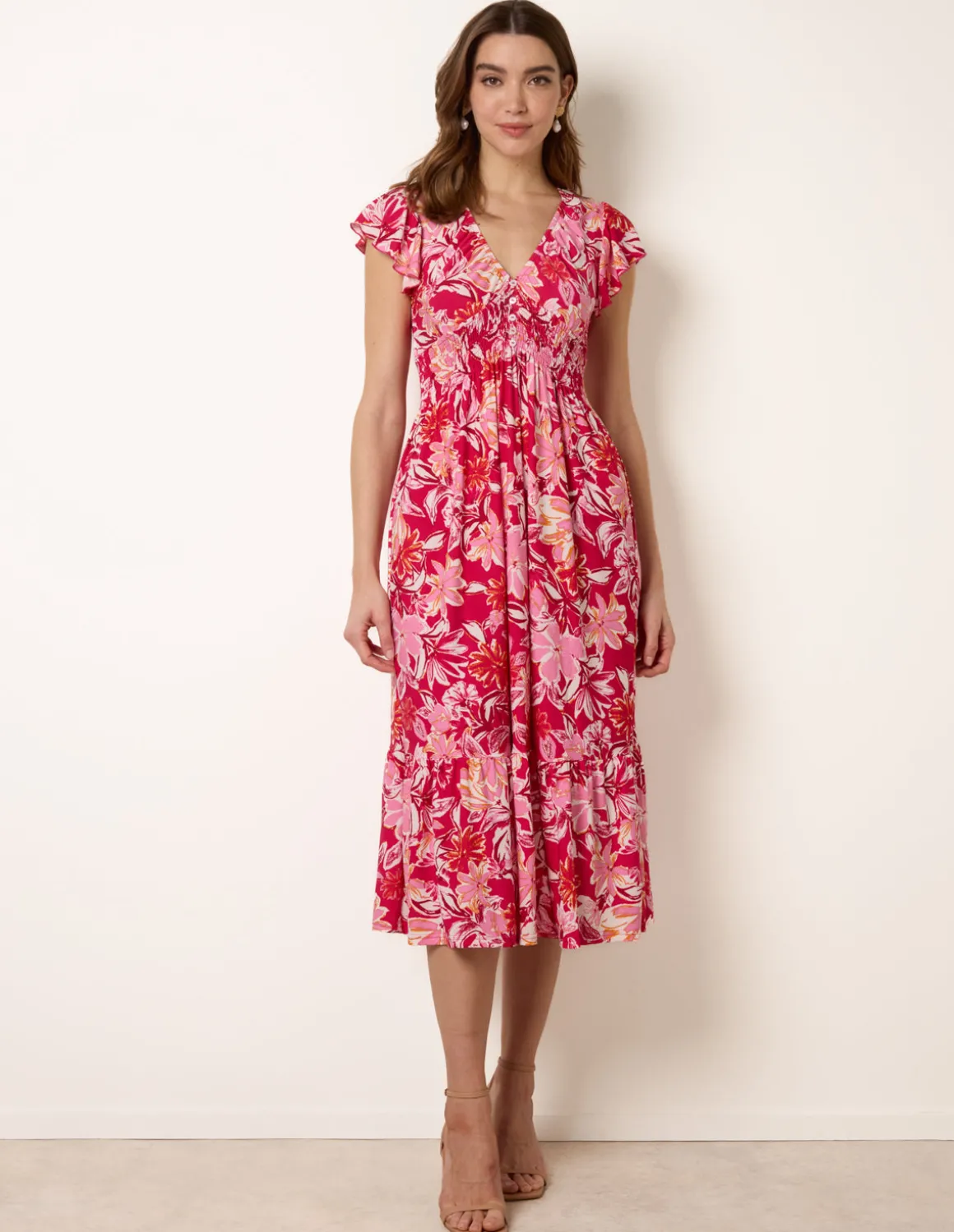 Tropical Print Flutter Sleeve Midi Dress