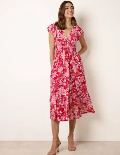 Tropical Print Flutter Sleeve Midi Dress