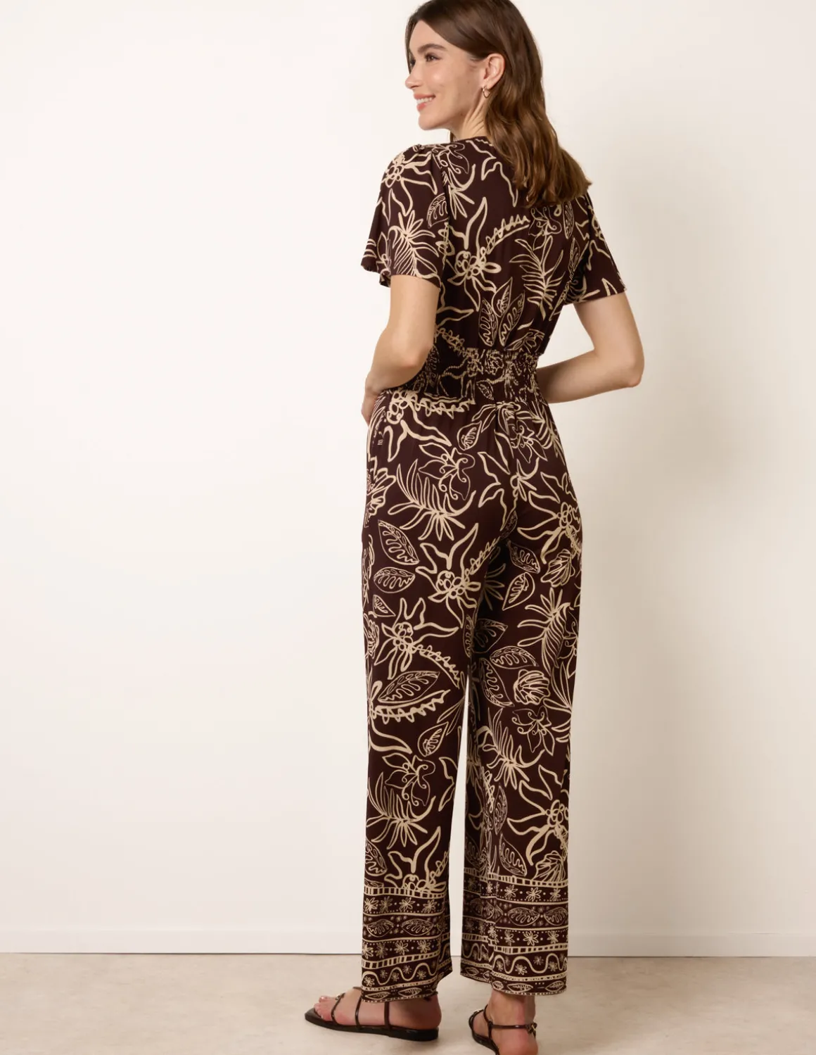 Tropical Print Shirred Waist Elasticated Round Neck Jumpsuit