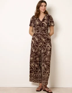 Tropical Print Shirred Waist Elasticated Round Neck Jumpsuit