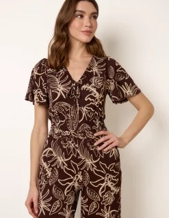 Tropical Print Shirred Waist Elasticated Round Neck Jumpsuit