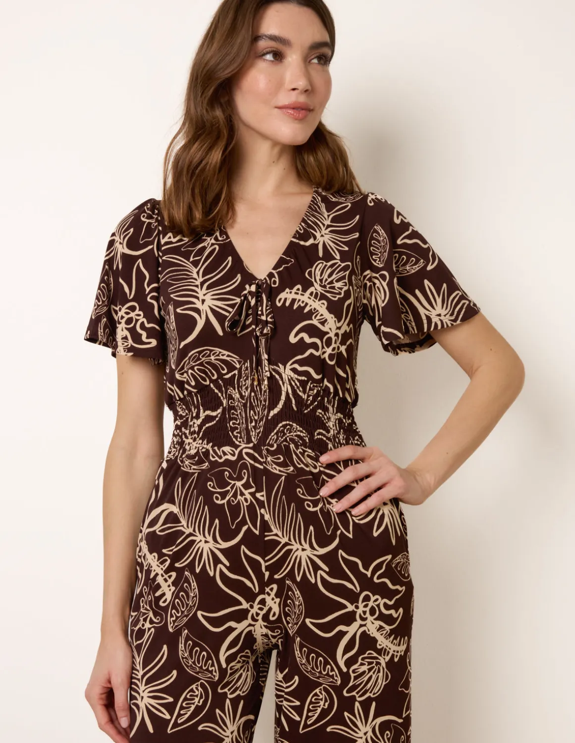 Tropical Print Shirred Waist Elasticated Round Neck Jumpsuit