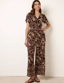 Tropical Print Shirred Waist Elasticated Round Neck Jumpsuit