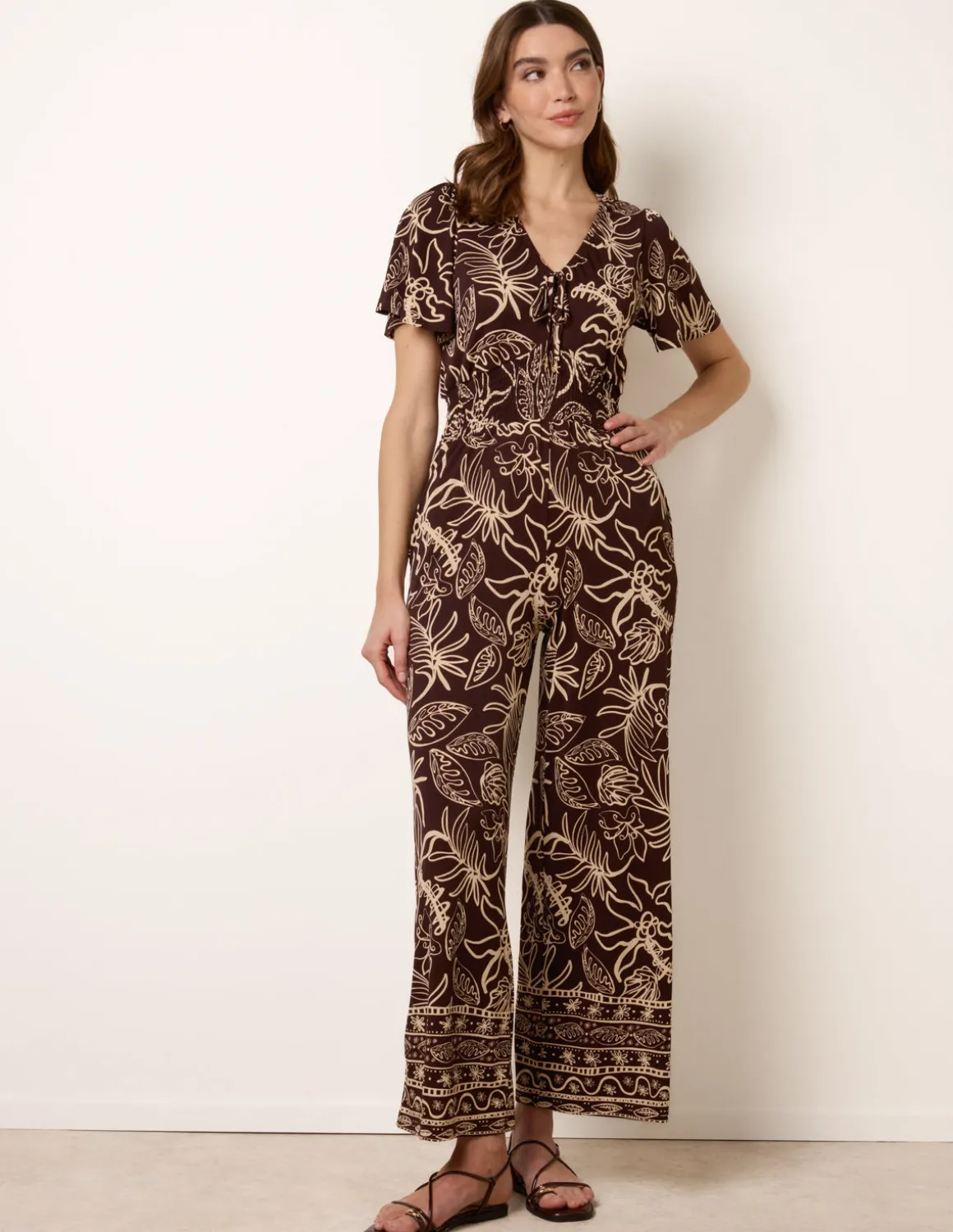Tropical Print Shirred Waist Elasticated Round Neck Jumpsuit