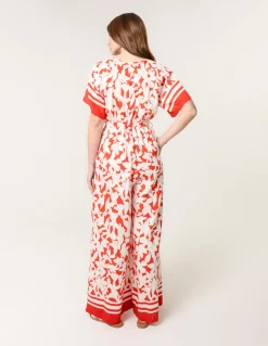 Tropical Print Wrap Belted Waist Jumpsuit