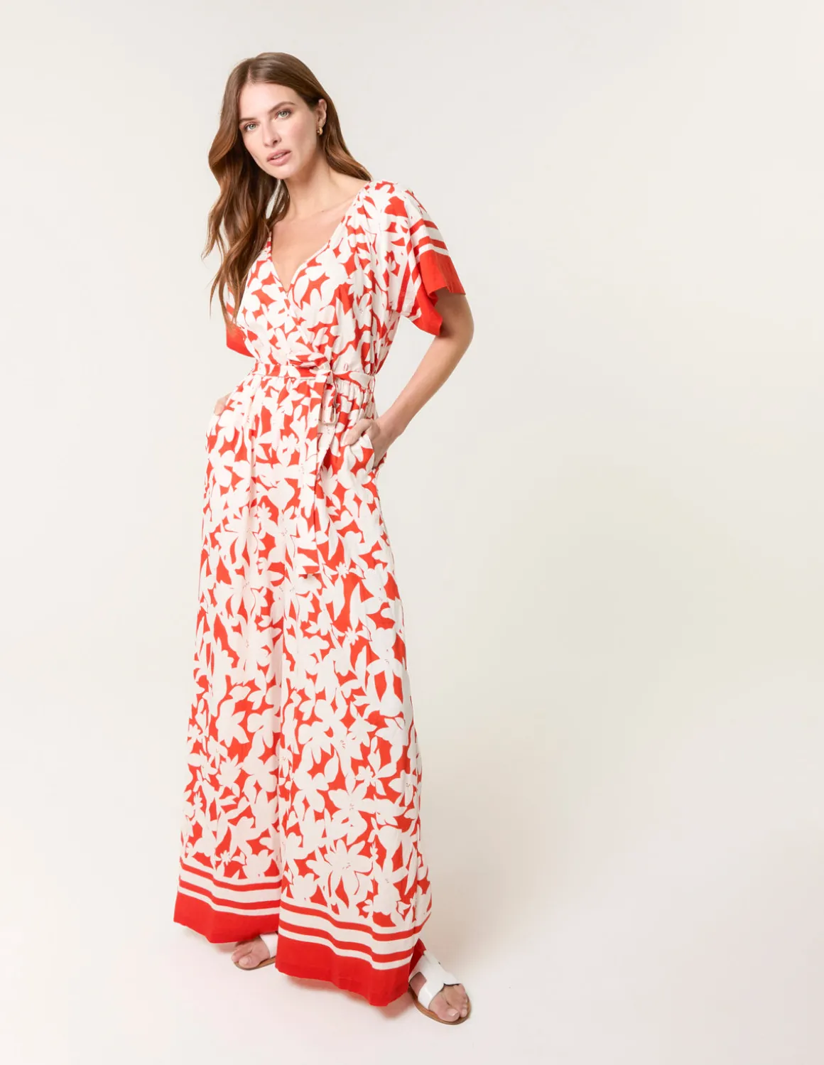 Tropical Print Wrap Belted Waist Jumpsuit