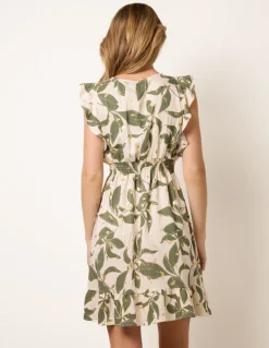 Tropical Print Wrap Over Mini Dress With Flutter Sleeve