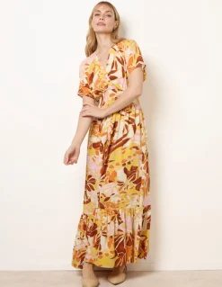 Tropical V Front Shirred Waist Maxi Dress