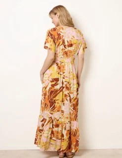 Tropical V Front Shirred Waist Maxi Dress