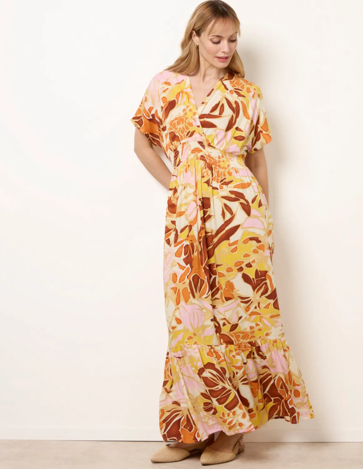 Tropical V Front Shirred Waist Maxi Dress