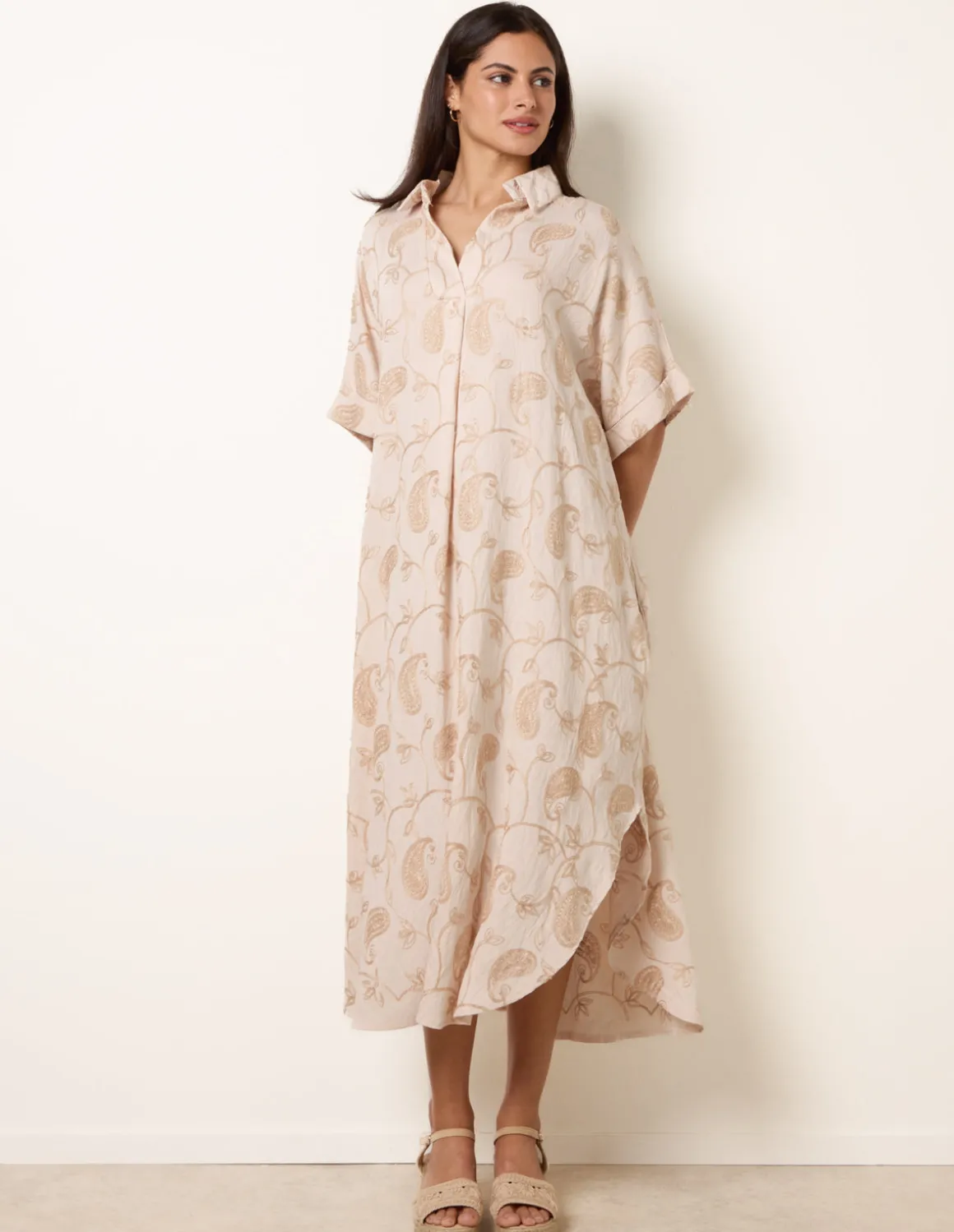 Tunic Style Button Front Dress With Paisley Embroidery