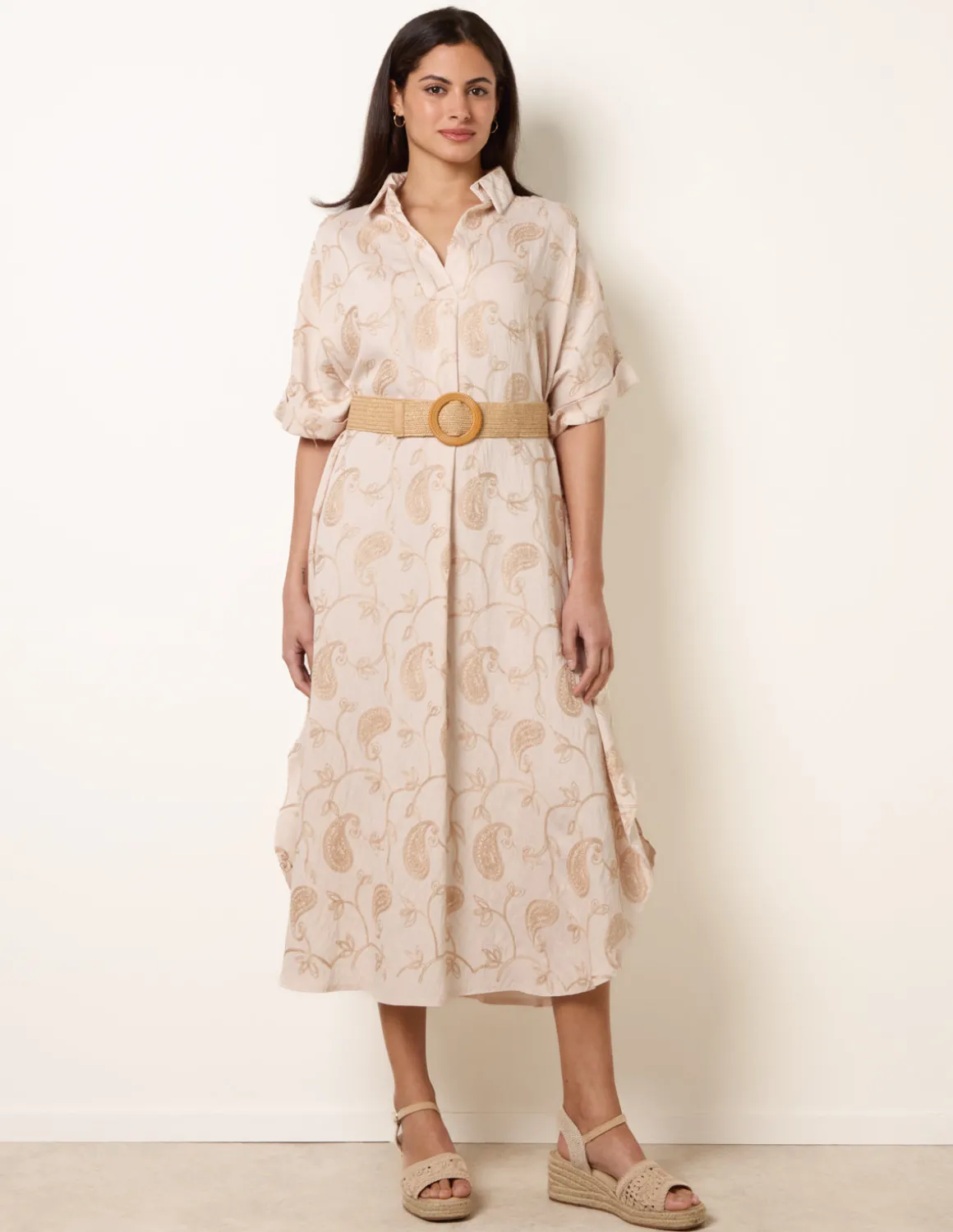 Tunic Style Button Front Dress With Paisley Embroidery