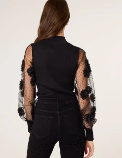 Turtle Neck Jumper With Mesh Polka Dot And Flower Detailed Sleeves